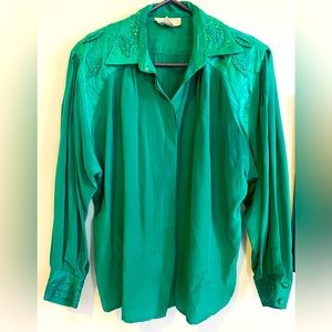 Vintage emerald 100% silk blouse w embroidery sz 10